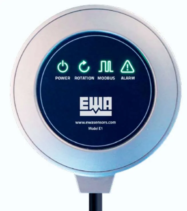 EWA Sensor Model E1 — status LEDs for power, rotation, Modbus, and alarm